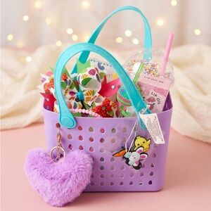 Kids Purple Play Basket Tote with Blue Handles and Heart Charm